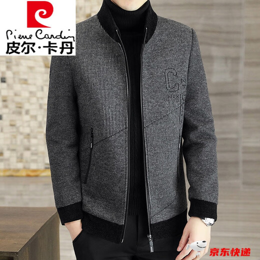 Pierre Cardin Spring and Autumn Wool Woolen Jacket Men's Stand Collar Thickened Spring and Autumn Warm Jacket Casual Cashmere Woolen Top Gray 832 Thickened Cotton Style M (95-115Jin Jin is equal to 0.5kg)