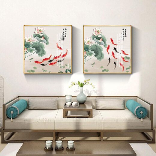 小泸林中式九鱼图装饰画餐厅画书房办公室茶室挂画入户玄关柜客厅壁画 15910 年年有余 布艺画40*40黑框(金框需备注
