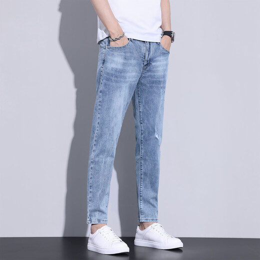 Zengzhi 2025 Summer delgado Jeans de nueve puntos para hombres jóvenes rasgados de pies delgados casuales pantalones de seda elásticos pantalones para hombres