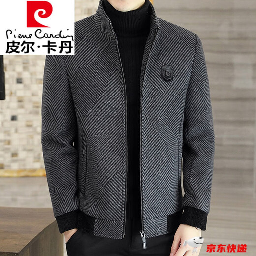Pierre Cardin Spring and Autumn Wool Woolen Jacket Men's Stand Collar Thickened Spring and Autumn Warm Jacket Casual Cashmere Woolen Top Gray 832 Thickened Cotton Style M (95-115Jin Jin is equal to 0.5kg)