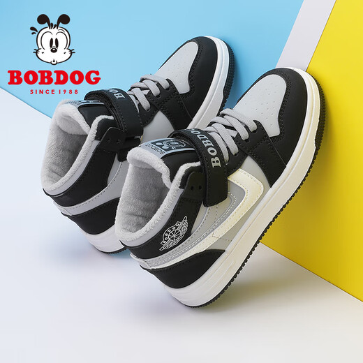 BOBDOG children's shoes warm high-top sneakers winter boys' velvet children's sports shoes 106525103 black/sky gray 34