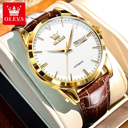 Olevs Swiss Certified Brand Watch Herren Mechanical Watch Vollautomatische Herren Uhr Waterdes Luminous Doppelkalender High-End-Uhr Olevs-6629 Männer-braune Leder weiße Oberfläche