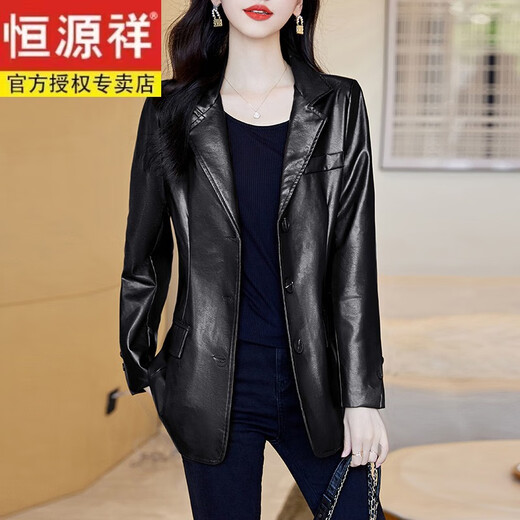 恒源祥海宁真皮皮衣外套港风2023年秋季新款女士西装绵羊皮中长款皮夹克 黑色 XL