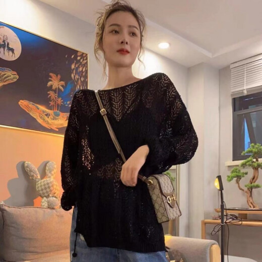 Long-sleeved sweater for women, thin ice silk top, hollow knitted sweater blouse, sweater, thin top, long-sleeved summer wear, new style for women, spring and autumn versatile air-conditioning shirt, apricot coat [80-135Jin[Jin equals 0.5kg]]