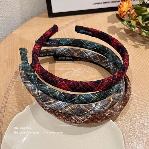Morning Star College Style Pattern Headband Women's Headband Versatile Retro Style Outer Hair Card Fabric Pressed Hair Thin Headband Hair Accessory Blue Plaid