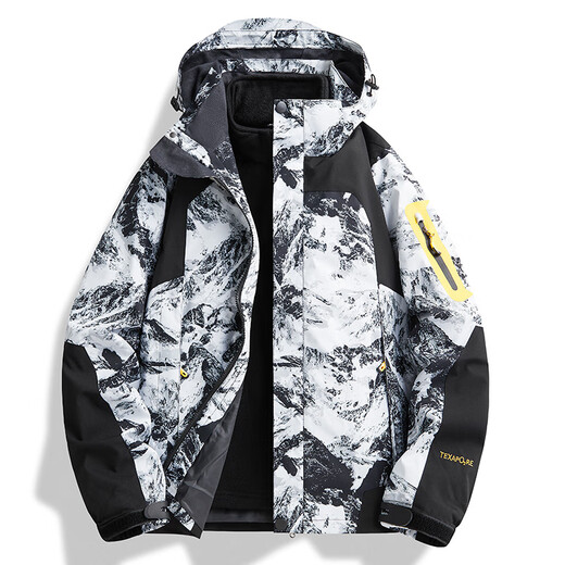 NASA RHUDE Autumn and Winter Jacket Men's Outdoor Sports Jacket Three-in-one Jacket Plus Velvet Autumn Hooded Trendy Clothes Men-Snowflake White (Three-in-One Plus Velvet Liner) 2XL (Male 140-160 Jin Jin equals 0.5 kg Female 125-135 Jin Jin equals 0.5 kg)
