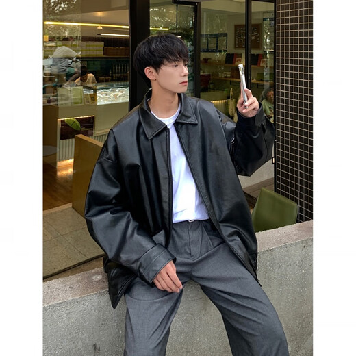 OEMG American motorcycle PU leather jacket for men and women in spring, autumn and winter handsome high street trendy loose couple jacket tops black regular style XL recommended 125-140 Jin Jin equals 0.5 kg