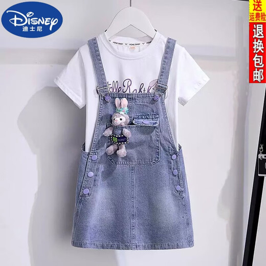 
Disney (DISNEY) Girls Denim Strap Skirt Set Summer 2024 New Style Medium-Grand Children's Fashionable Cartoon Short Sleeve Star Dailu Dress Overalls Set 140 size recommended height 130 cm