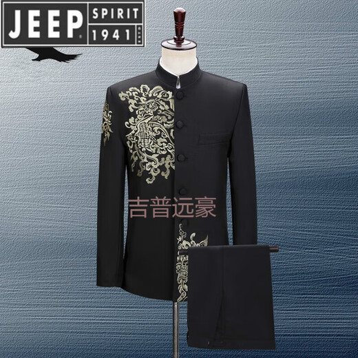 JEEP SPIRIT Black Stand Collar New Chinese Mao Suit Male Singer Chorus Middle-aged Student Youth Performance Suit Republic of China Black Golden Phoenix Top 180 (XL) Height 180 Weight around 160