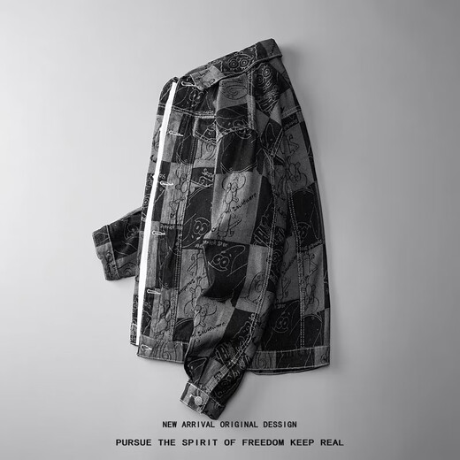 JIAYE Workwear Denim Jacket Men's Spring and Autumn New Casual Handsome American Loose Jacket Men's Trendy Brand Black Gown Black 2XL 175-180cm 150-170Jin Jin equals 0.5 kg