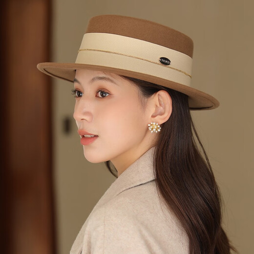Xiangxue Yuxiu French celebrity wool wool top hat for women in autumn and winter elegant versatile felt hat Hepburn fashionable simple flat hat for women camel color