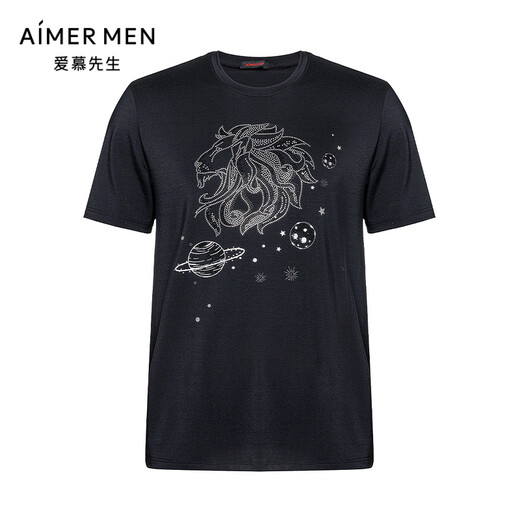 Mr. Aimu [Creative T Series] Summer Comfortable Limited Creative T-shirt Men's Casual Outdoor Wear Round Neck Short Sleeve NS81F754 Starry Lion Black 400 2XL 180