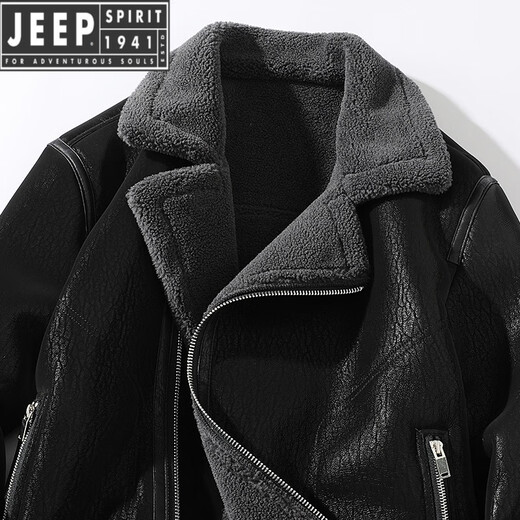 
Jeep (JEEP) fur integrated men's winter large size plus velvet thickened leather jacket short motorcycle suit leather jacket men's lamb fur coat black XL