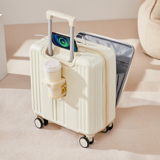 广璐迪前开盖小行李箱拉杆箱可上飞机登机箱18密码旅行箱子皮箱结实耐用 米白色 【USB/Type-c 双充电口】 18英寸 登机箱+干湿分离+杯架