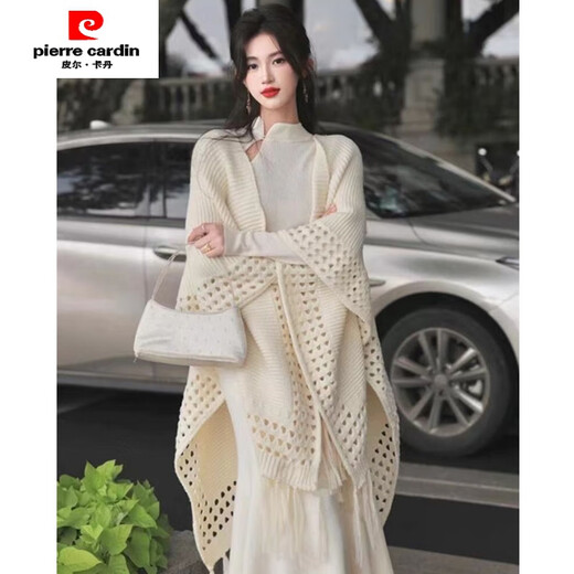 皮尔卡丹（pierre cardin）外套女秋冬旗袍披肩外搭慵懒麻花针织毛毛斗篷厚款加长款仿皮草外 米色---【绞花穿毛披肩】