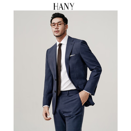 Hany (HANY) Napoli version pure wool suit suit men's business formal wear men's high-end wedding men's suit Pegaso dark blue plaid Napoli version 44 trousers please contact customer service to select the size