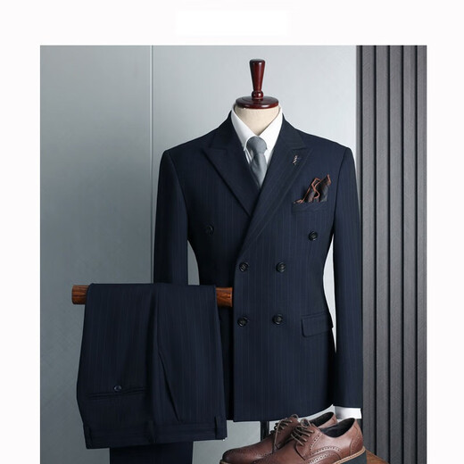 Walker Shop Groom's Suit Men's Striped Double-Breasted Suit British Retro Business Casual Formal Wedding Dress Suit Black Three-piece Suit XL