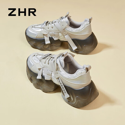 
ZHR dad shoes for women lightweight thick sole heightened casual shoes versatile trendy round-toe women's shoes G677 gray 37