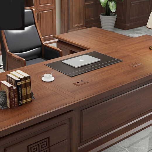 TONGTA light luxury boss desk office desk solid wood new Chinese style high-end office desk and chair combination bookcase executive desk high-end boss office furniture 3.6 meters boss table (with side table)