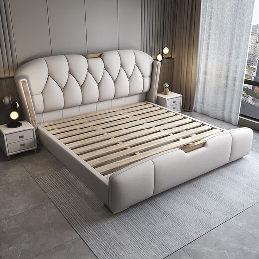 Jian Xin Einfache moderne leichte Luxus -Lederbett Doppelbett 1,8 Meter 2 Meter Hochzeitsbett Hauptschlafzimmer Queen -Bett 3532