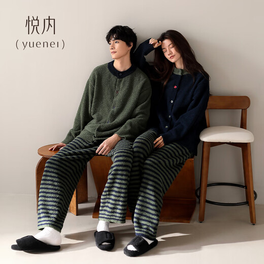 Yuenei Half Velvet Couple Pajamas Women's Autumn and Winter Coral Velvet Plus Velvet Warm Home Clothes Winter Men's Suit 34248 Dark Green Men's L (Male 110-140 Jin Jin equals 0.5 kg / Female 110-120 Jin Jin equals 0.5 kg)