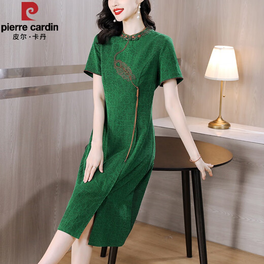 Pierre Cardin Brand Xi Grandma Mariage de mariage Banquet Emulation de soie Cloud parfum Cloud SA Robe pour femmes Mothers d'âge moyen d'été Amélioration du Cheongsam Gift 6231 Green XL