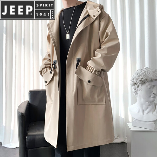 JEEP SPIRIT痞帅风衣外套男中长款春季新款过膝大衣男秋冬加厚披风派克服男装 黑色 XL 135斤-160斤可穿