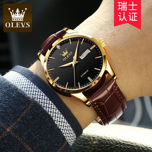 Olevs Swiss Certified Watch Männer Vollautomatische mechanische Uhr Herrenuhr wasserdichte leuchtende Doppelkalender Herrenuhr für Freund Olevs-6629 Men-Brown Leder Black Face