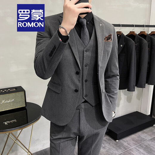 ROMON light mature style casual large size suit suit for men, Korean style slim fit two-button three-piece suit for commuting business small suit trendy medium gray suit + vest + trousers XL (recommended 125-135Jin Jin is equal to 0.5 kg)