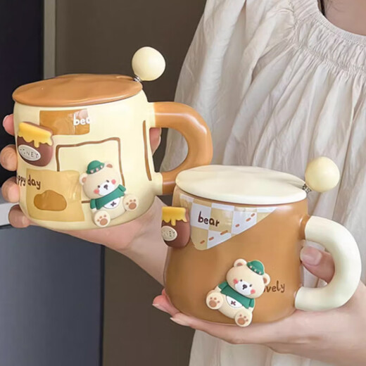 Mengfu Cute Bear Mug Ceramic Water Cup with Lid Spoon for Men and Women High-Looking Coffee Cup Couple Valentine's Day Gift Square Bear 420ml Round Porcelain Spoon + Brown Lid