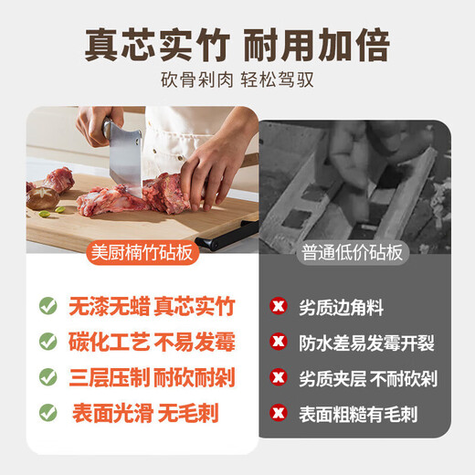 Maxcook Schneidebrett Bambus-Schneidebrett Verdickungs-Schneidebrett Rollplatte Haushalts-Schneidebrett 49 * 34 * 1,95 cm MCPJ4000