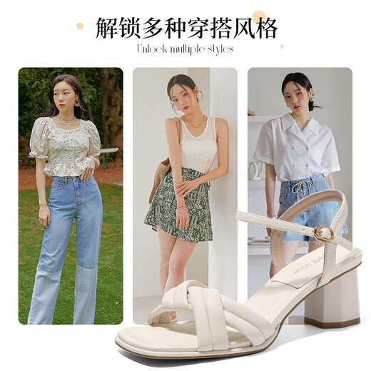 
ZHR Sandals for women in summer elegant one-length strap thick heels for women gentle solid color high heels for women Y683 apricot color 36