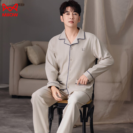 猫人德绒睡衣男秋冬款长袖2025新款开衫保暖薄绒大码休闲家居服套装 26M9194 L (推荐100-120斤)