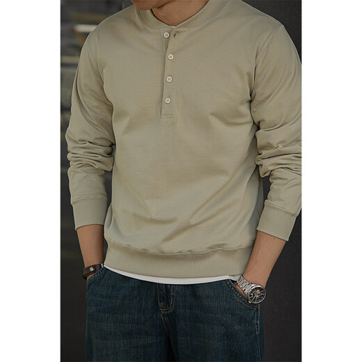 American retro heavyweight cotton baseball collar henley shirt T-shirt Ami Khaki tough guy style bottoming shirt men's spring white S