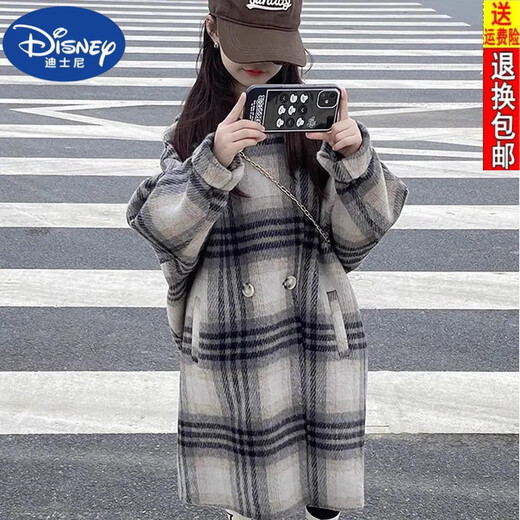 Disney (Disney) Girls Woolen Coat 2024 New Spring and Autumn Korean Style Mid-Length Western Style Plaid Coat Woolen Coat Trendy Hooded Plaid Coat 170 Recommended height 155-165 cm