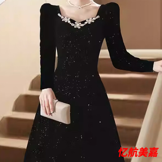 Dai Xiaoshi black evening dress high-end light luxury niche French Hepburn sense host female banquet art test coming of age ceremony black long/sleeved L