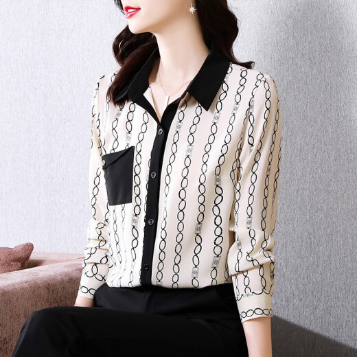 Duomao printed shirts for women 2021 early autumn new style small shirts French style elegant comfortable fashion casual versatile splicing shirts women's tops apricot chain please take the corresponding size