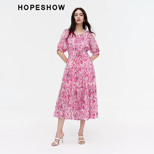 Rouge de magasinage des manches rouges même robe française 2024 Nouvelles vêtements pour femmes imprimées de la taille à la taille du cou rond jupe à thé rose rose fleur 683 l