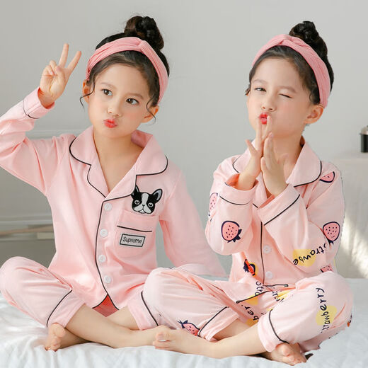 Wei Jie Stand Collar Pajamas de manga larga Versión coreana para niños Pajamas para niños Spring y otoño de manga larga Summer Girl Princess 6629-strawberry Bear [Algodón] 100/6 Tamaño [Altura 90-100]