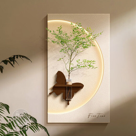 水培绿植奶油风玄关装饰画砂岩立体入户走廊过道挂画客厅墙壁灯画 80*160多层立体砂岩+玻璃花瓶+ 14757常规款不带灯