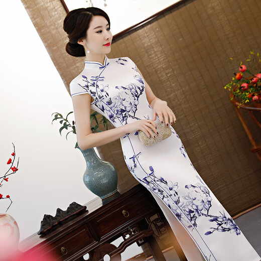 Timochi catwalk welcome cheongsam Chinese style blue and white porcelain long elegant young girl 2022 improved performance dress 2806 XL