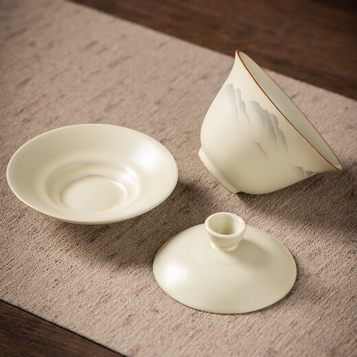 Complete set of gold inlaid jade tea set, imitation Song Dynasty Ru kiln open-piece ceramic Kung Fu tea set, high-end tea set for home use, ink painting distant mountains