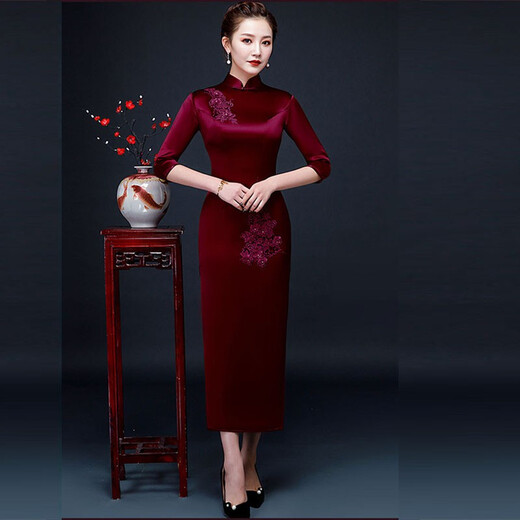 Meifuna cheongsam for women Chinese style high-end embroidered mother's cheongsam spring, autumn and winter wedding banquet improved cheongsam noble and elegant dress burgundy M