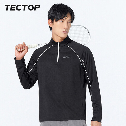 TECTOP quick-drying clothing men's outdoor stand-up collar breathable running elastic long-sleeved T-shirt reflective cycling clothing 035 men's black L
