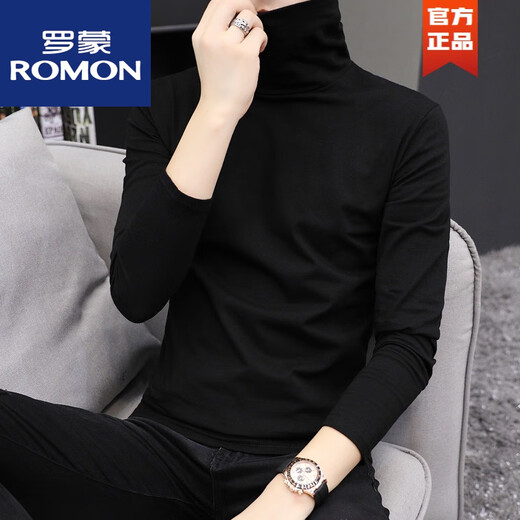 ROMON turtleneck bottoming shirt men's autumn and winter slim solid color trendy brand thin long axis T-shirt casual top turtleneck dark gray GW cotton thin XL