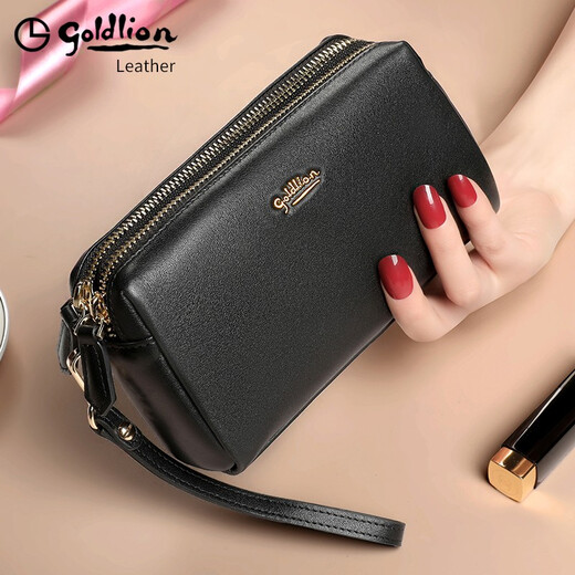 Goldlion clutch bag for women double zipper genuine leather light luxury women's bag large capacity 2025 new clutch bag first layer cowhide gift box temperament style FA512016-111