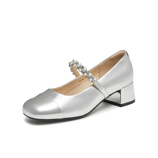 Tianmeiyi Shoes Women Shoes Mall mismo tacón grueso French Retro Single Shoes Mary Zhen Shoes Spring and Autumn Style BJ761CQ4 Silver 38