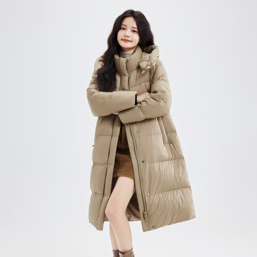 Xue Zhongfei's new versatile and fashionable soft puff mid-length women's down jacket is warm and cold-proof, fashionable and skin-friendly, khaki color|7101 S 160/84A
