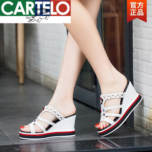 
CARTELO new summer genuine leather Roman style slippers for women's non-slip thick-soled high-heeled wedge sandals for women apricot color 38