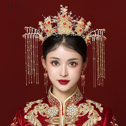 Lingchuan Xiuhe clothing headdress, elegant bridal phoenix crown, red step, long tassel, classical suit, wedding accessories, Xiuhe X-D33 phoenix crown ear clip with ear hook